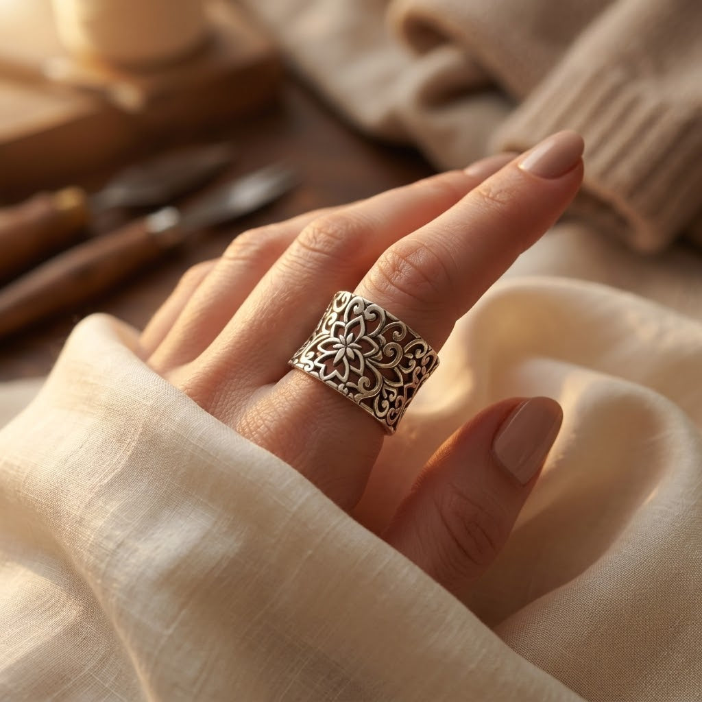 Anel de prata com filigrana ornamentada, estilo delicado e detalhado, da marca Rose & Oliver.