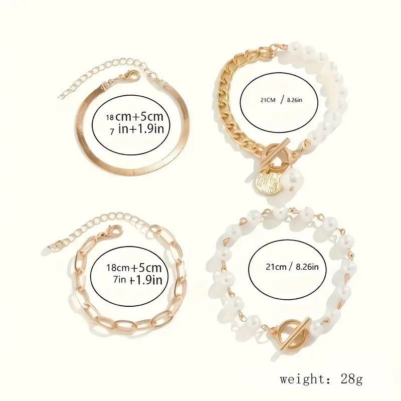 Conjunto de 4 pulseiras douradas Rose & Oliver com correntes, pérolas e design de cobra, estilo sofisticado e elegante.