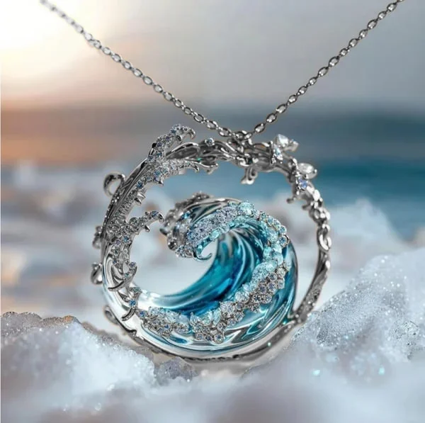Colar Ocean's Oath da Rose & Oliver com pingente em forma de onda, feito em prata, mostrando detalhes do design.