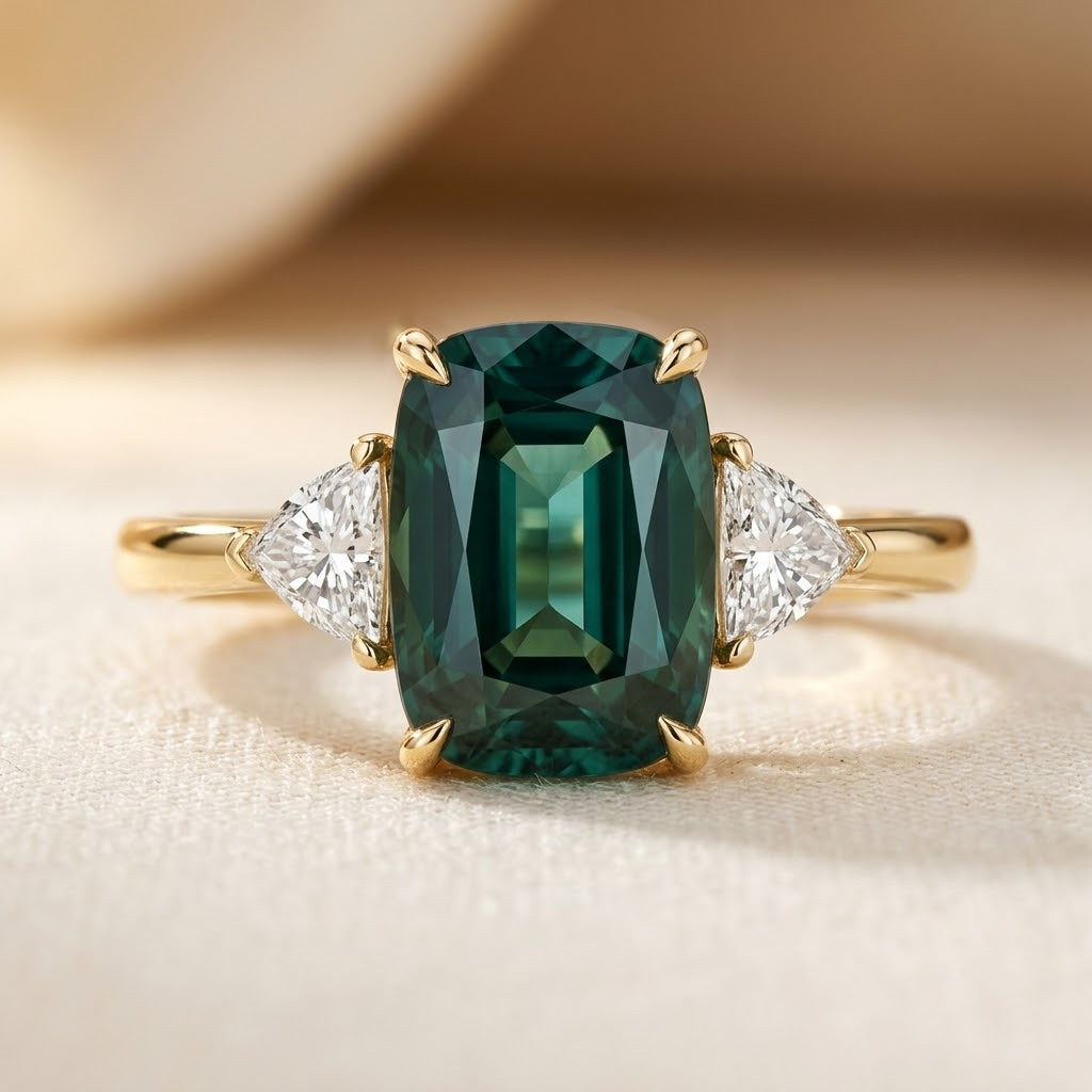 Anel de ouro com esmeralda solitaire da Rose & Oliver, destaque para a pedra central e acabamento elegante.