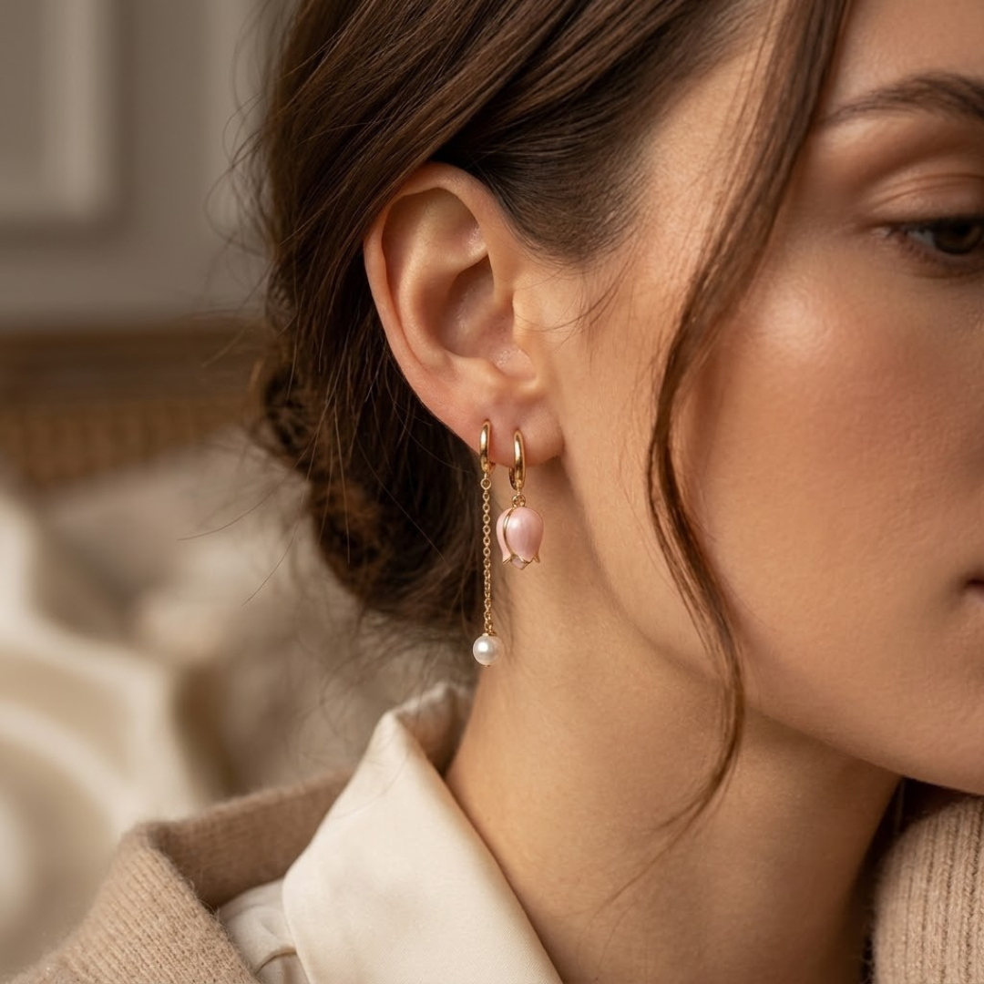 Brincos dourados com detalhes florais, pérolas penduradas, estilo elegante, marca Rose & Oliver