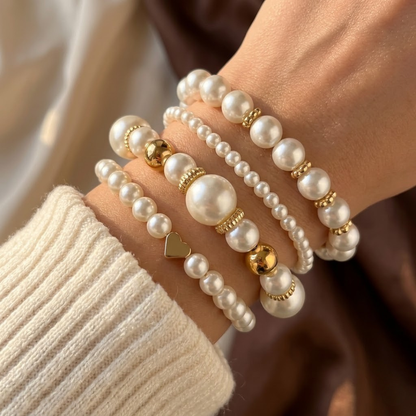 Conjunto de pulseiras de pérolas douradas e miçangas, pulseira de moda Rose & Oliver, acessório elegante para o pulso.