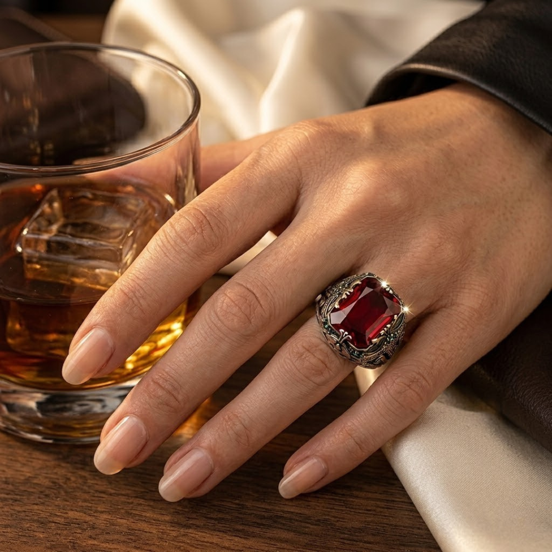 Anel de selo ornamentado com prata e rubi, da marca Rose & Oliver, exibindo detalhes elegantes na superfície do anel.