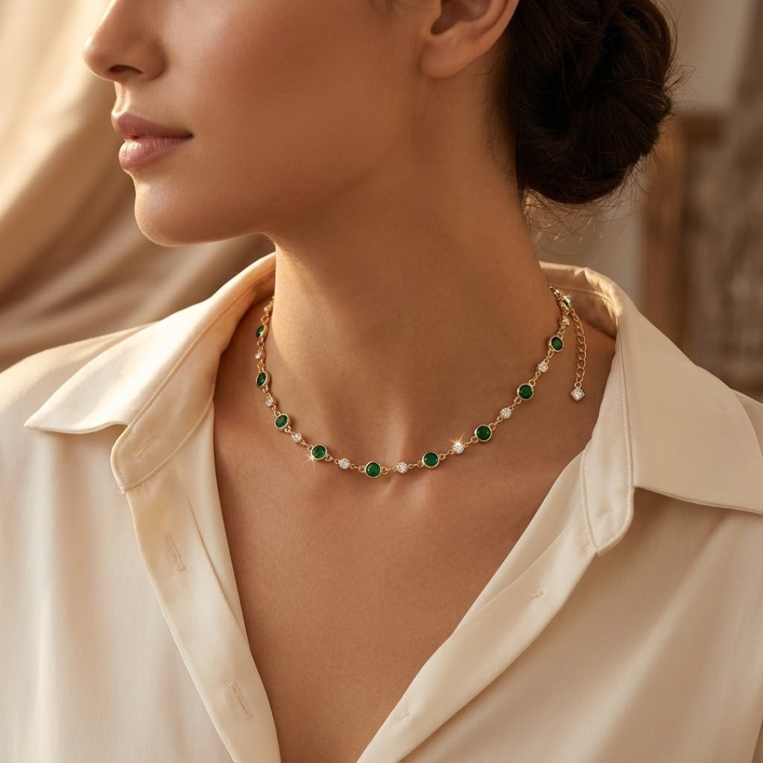 Colar de ouro com esmeraldas da Rose & Oliver, estilo estação, com pingentes de esmeralda e detalhes elegantes.