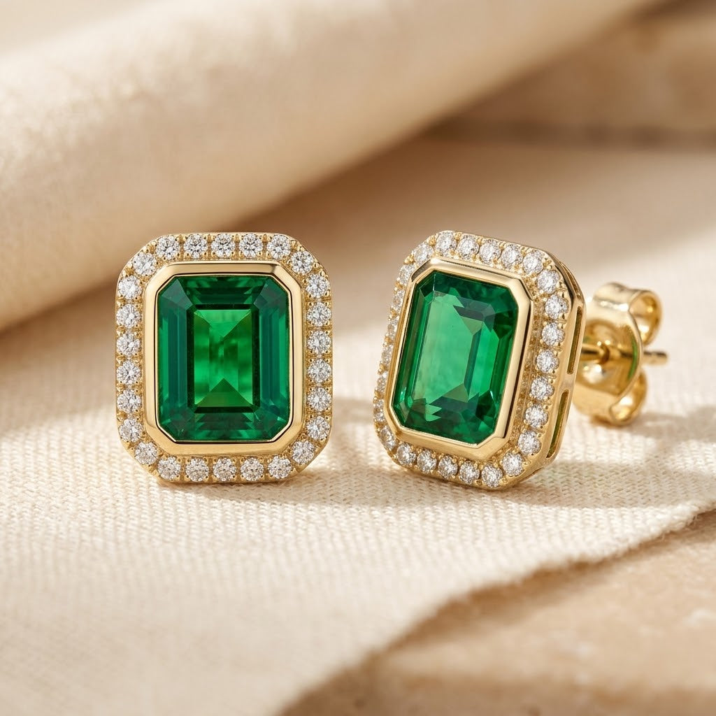 Brincos de ouro com esmeraldas em formato quadrado com halo, joias delicadas da marca Rose & Oliver