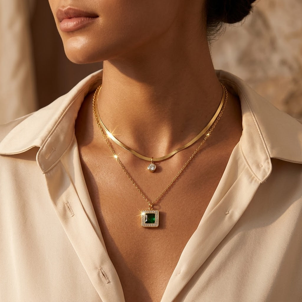Colar dourado com camadas e detalhes de esmeralda, joia elegante da marca Rose & Oliver.